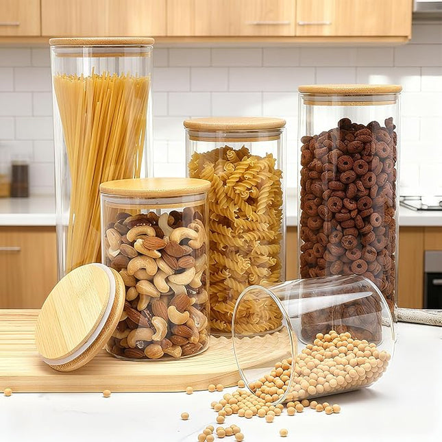 Airtight Glass Jars with Bamboo Lids, Glass Food Storage Containers Set - Set of 5 Kitchen Canisters for Sugar, Candy, Cookie, Rice and Spice Jars