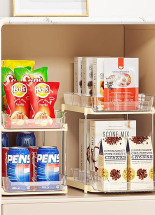 Delamu 2-Tier Multi-Purpose Bathroom Under Sink Organizers and Storage, Stackable Kitchen Pantry Organization, Pull Out Medicine Cabinet Organizer with Movable Dividers, Beige, 2 Pack