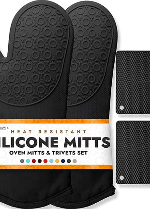 HOMWE Silicone Oven Mitts and Pot Holders, 4-Piece Set, Heavy Duty Cooking Gloves, Kitchen Counter Safe Trivet Mats, Advanced Heat Resistance, Slip-Resistant Textured Grip, Black