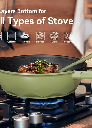 TIBORANG 8 in 1 Multipurpose 11 Inch 5 Quart Heat Indicator Nonstick Deep Frying Pan with Glass Lid,Steamed Grid,PFOA-Free,Dishwasher&Oven Safe,Works with All Stovetops (Olivedrab)