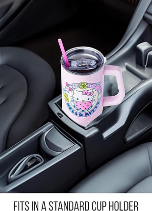 Silver Buffalo Sanrio Hello Kitty Summer Kawaii Fruits Stainless Steel Tumbler with Handle, Fits in Standard Cup Holder, 40 Ounces
