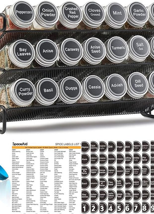 SpaceAid Spice Rack Organizer with 21 Spice Jars, 386 Spice Labels, Chalk Marker and Funnel Set for Cabinet, Countertop, Pantry, Cupboard or Door & Wall Mount - 21 Jars, 13.4" W × 9" H, Black