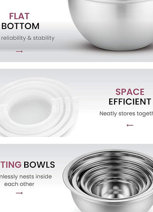 Stainless Steel Mixing Bowls Set with Lids, Home Kitchen Cooking Essentials Household Must Haves for Baking, 5 Pieces