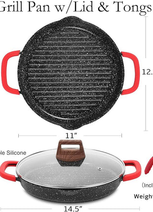 ESLITE LIFE Nonstick Grill Pan for Indoor Cooking, Versatile Induction Square Large Grilling Skillet Steak Pan for Stove Tops, PTFE & PFOA Free (Black, 11" w/Round & Lid & Tongs)