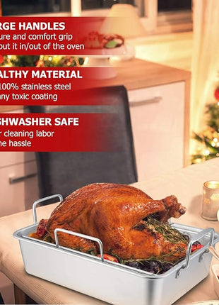 P&P CHEF 14" Roaster Roasting Pan with Baking Rack and V-shaped Rack, Stainless Steel Rectangular Lasagna Pan with Handles for Turkey Chicken, Healthy & Dishwasher Safe, 3 Pieces, Silver