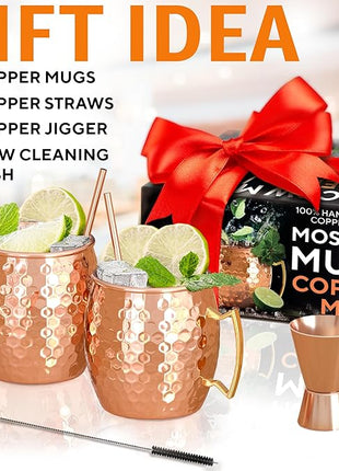Benicci Moscow Mule Copper Mugs - Set of 2, 100% HANDCRAFTED - Food Safe Pure Copper Solid Mugs - 16 oz Gift Set with Premium Quality Cocktail Straws, Straw Cleaning Brush and Jigger!