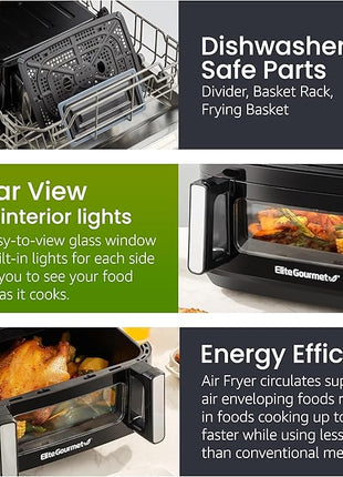 Elite Gourmet EAF1055D Dual Zone Air Fryer Oven, 11QT. Capacity with Divider, Sync Finish, Dishwasher Safe Basket, 10 Preset Functions, 1600-Watts, with Recipe Booklet, Black