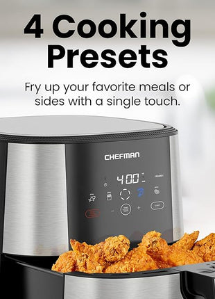Chefman TurboFry® Touch Air Fryer, XL 8-Qt Family Size, One-Touch Digital Control Presets, French Fries, Chicken, Meat, Fish, Nonstick Dishwasher-Safe Parts, Automatic Shutoff, Stainless Steel