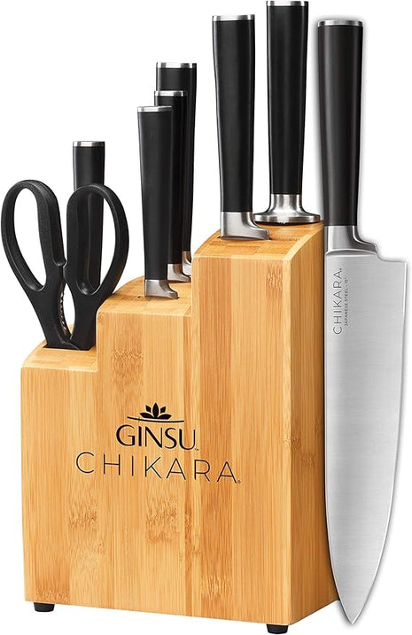 Ginsu Chikara Series Forged 8-Piece Japanese Knife Set, Black - Premium Cutlery Set with 420J Stainless Steel Kitchen Knives and Bamboo Block