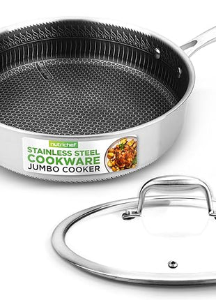 NutriChef 3.4QT Deep Frying Pan with Lid - Stainless Steel Non-Stick Saute Pan, Scratch-Resistant Honeycomb Texture, Oven & Induction Safe Skillet