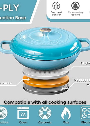 Shallow Cast Iron Casserole with Lid – Non Stick Dutch Oven Pot, Oven Safe up to 500° F – Sturdy Ovenproof Stockpot Cookware – Enamelled Cooking Pot – Blue, 5-Quart, 32cm – by Nuovva