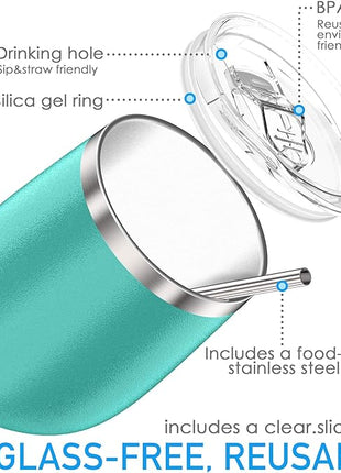 THILY Stainless Steel Stemless Wine Glasses 4 Pack Vacuum Insulated Cute Travel Wine Tumbler Set with Splash-proof Lids, Reusable Straws, Keep Cold & Hot for Wine, Coffee, Teal