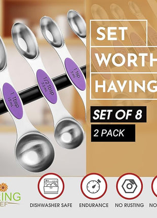 Spring Chef Magnetic Measuring Spoons Set, Dual Sided, Stainless Steel, Fits in Spice Jars, Orchid, Set of 8, 2 Pack