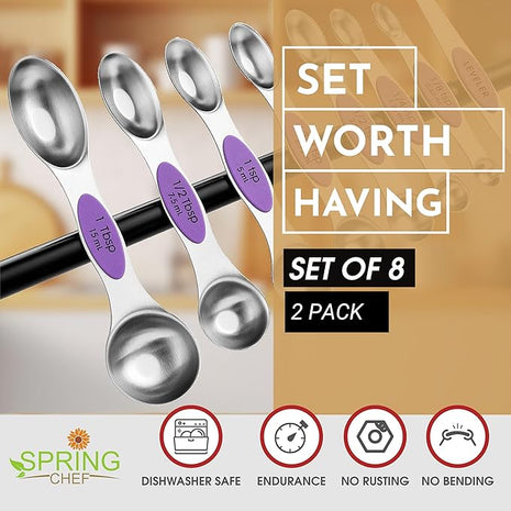 Spring Chef Magnetic Measuring Spoons Set, Dual Sided, Stainless Steel, Fits in Spice Jars, Orchid, Set of 8, 2 Pack