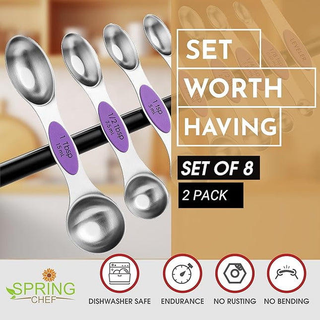 Spring Chef Magnetic Measuring Spoons Set, Dual Sided, Stainless Steel, Fits in Spice Jars, Orchid, Set of 8, 2 Pack