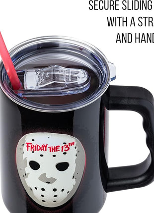 Silver Buffalo Friday The 13th Stainless Steel Tumbler with Handle Featuring Jason Voorhees’s Mask, Fits in Standard Cup Holder, 40 Ounces