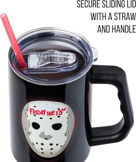 Silver Buffalo Friday The 13th Stainless Steel Tumbler with Handle Featuring Jason Voorhees’s Mask, Fits in Standard Cup Holder, 40 Ounces