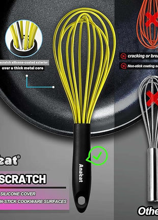Anaeat Silicone Whisk, Thick Stainless Steel Wire Inner Heat Resistant - Kitchen Whisks for Non-Stick Cookware, Balloon Egg Beater for Whisking, Blending, Beating, Frothing & Stirring (Yellow)