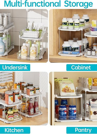 Delamu 4 Pack 2-Tier Bathroom Under Sink Organizers and Storage, Multi-Purpose Stackable Pantry Organization and Storage, Pull Out Clear Kitchen Bathroom Cabinet Organizer with Movable Dividers, White