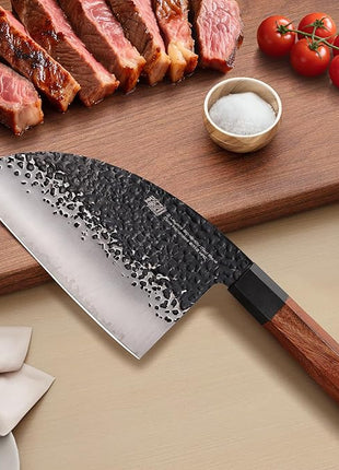 FINDKING Dynasty Series Serbian Chefs Knife with Leather Sheath, Heavy Duty Meat Cleaver, 9Cr18MoV High Carbon Steel Blade, African Rosewood Octagonal Handle, for Meat, Chicken Bones, 6.5 Inches
