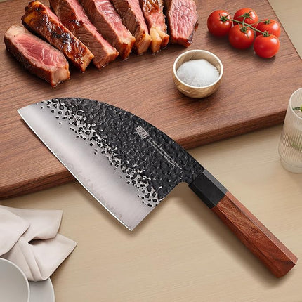 FINDKING Dynasty Series Serbian Chefs Knife with Leather Sheath, Heavy Duty Meat Cleaver, 9Cr18MoV High Carbon Steel Blade, African Rosewood Octagonal Handle, for Meat, Chicken Bones, 6.5 Inches