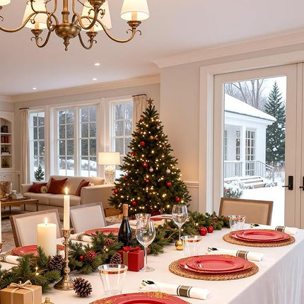 Nervure 350PCS Red Plastic Plates - Red Gold Plastic Dinnerware Sets for 50 Guests - 100 Gold Disposable Plates, 50 Pre Rolled Silverware Sets, 50 Cups Perfect for Wedding & Party