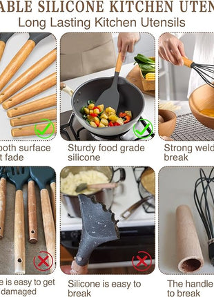 Umite Chef Kitchen Cooking Utensils Set, 33 pcs Non-stick Silicone Utensils Spatula Set with Holder, Wooden Handle Heat Resistant Silicone Kitchen Gadgets Utensil Set (Gray)