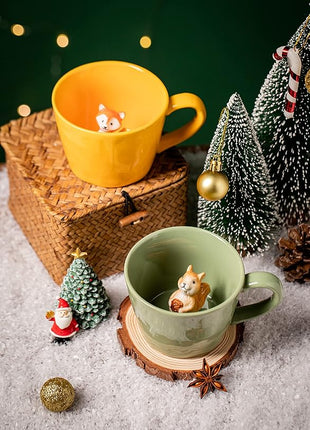 DIHOclub Fox Ceramic Cup Hidden 3D Animal Inside Mug,Cute Cartoon Handmade Figurine Mugs,Holiday and Birthday Gift for Coffee Milk Tea Lovers,12 OZ(Yellow)