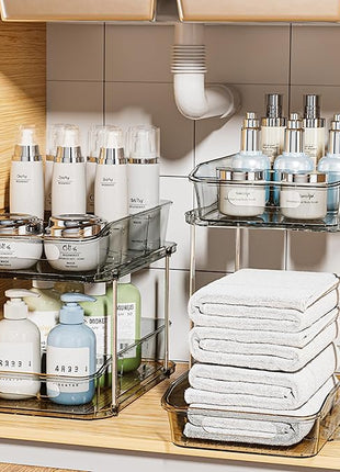 Delamu 2-Tier Under Sink Organizers and Storage, Multi-Purpose Stackable Bathroom Cabinet Organizers, Pull Out Kitchen Pantry Organization and Storage with Dividers(2 Pack, Grey)