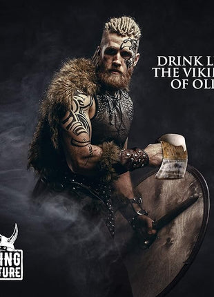 Viking Culture Ox Horn Mug, Shot Glass, and Axe Bottle Opener (3 Pc. Set) Authentic 16-oz. Ale, Mead, and Beer Tankard | Vintage Stein with Handle | Custom Intricate Design - Natural Finish | The Jarl