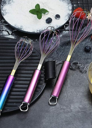 Berglander Rainbow Whisk Pack of 3 Stainless Steel 8",10",12", Titianium Plating Colorful Whisk for Cooking, Beater,Wire Whisk Set Kitchen Wisk (Rainbow)