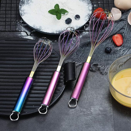 Berglander Rainbow Whisk Pack of 3 Stainless Steel 8",10",12", Titianium Plating Colorful Whisk for Cooking, Beater,Wire Whisk Set Kitchen Wisk (Rainbow)