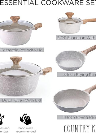 Country Kitchen Non-Stick Cast Aluminum Cookware Set - Durable Kitchen Cookware for Everyday Cooking, Speckled Cream, 8 Pc.