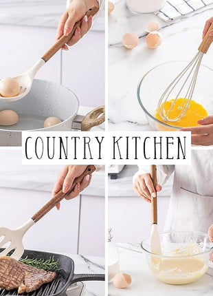 Country Kitchen Non Stick Silicone Utensil Set with Rounded Wood Handles for Cooking and Baking, 8 Piece Set, Khaki