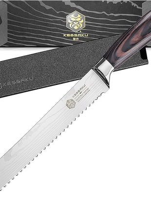 KESSAKU Serrated Bread Knife - 8 inch - Samurai Series - Razor Sharp Kitchen Knife - Forged 7Cr17MoV High Carbon Stainless Steel - Wood Handle with Blade Guard