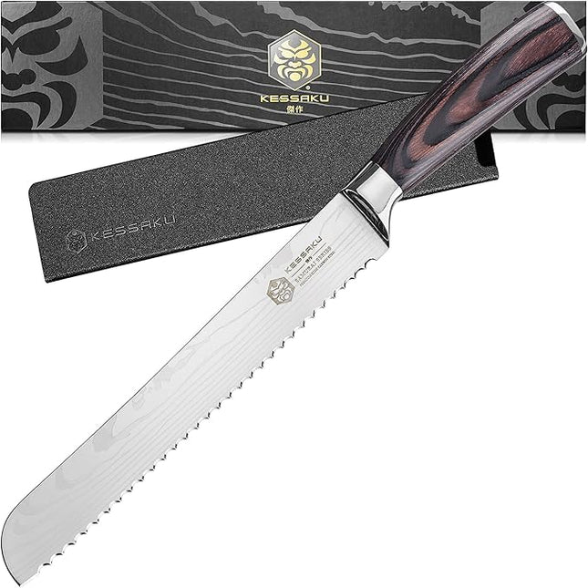 KESSAKU Serrated Bread Knife - 8 inch - Samurai Series - Razor Sharp Kitchen Knife - Forged 7Cr17MoV High Carbon Stainless Steel - Wood Handle with Blade Guard