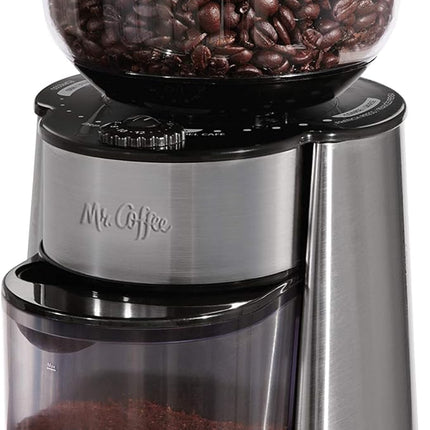 Mr. Coffee Automatic Burr Mill Coffee Grinder with 18 Custom Grinders Silver