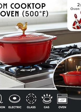 MUELLER HOME 5.5 Quart Enameled Cast Iron Oval Dutch Oven w Rooster Knob & Cotton Potholders, Heavy-Duty Cookware, Oven-Safe up to 500° F & Across All Cooktops, Gifts for Grandma & Women, Red
