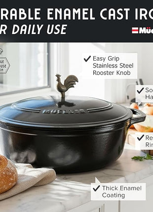 MUELLER HOME 5.5 Quart Enameled Cast Iron Oval Dutch Oven with Rooster Knob & Cotton Potholders, Heavy-Duty Cookware, Oven-Safe up to 500° F & Across All Cooktops, Gifts for Grandma & Women, Black