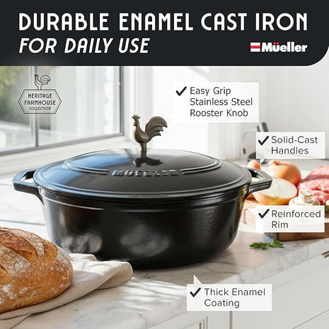 MUELLER HOME 5.5 Quart Enameled Cast Iron Oval Dutch Oven with Rooster Knob & Cotton Potholders, Heavy-Duty Cookware, Oven-Safe up to 500° F & Across All Cooktops, Gifts for Grandma & Women, Black