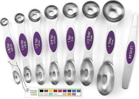 Spring Chef Purple Stainless Steel Magnetic Measuring Spoons Set of 8 with Leveler, Dual Sided Metal Teaspoon & Tablespoon Measuring Spoons, Kitchen Gadgets for Baking & Cooking, Fits in Spice Jars