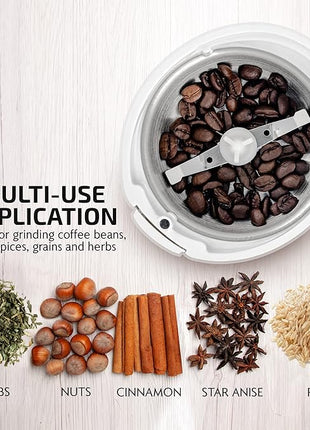 OVENTE Electric Coffee Grinder for Beans, Spices and More, 2.5Oz Compact Grinding Mill, Spice Grinder with Stainless Steel Blade, Pulse Button Operation and Transparent Easy to Open Lid, White CG225W