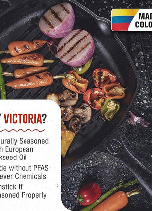Victoria Cast Iron Grill Pan, Square Grill Pan, Cast Iron Griddle Pan, Seasoned with 100% Kosher-Certified, Non-GMO Flaxseed Oil, Black, 10 Inches