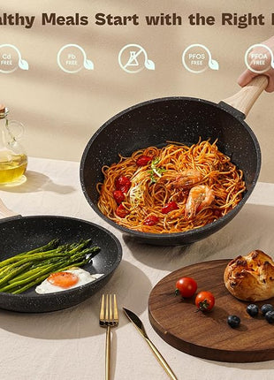 13 Pcs Pots and Pans Set, Nonstick Cookware Sets Black Granite Induction Cookware, Non-toxic Healthy Non stick Kitchen Cooking Set with Frying Pans Set, Saucepans (PFAS/PFOA/PFOS Free)