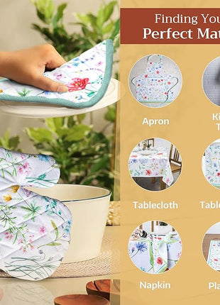 Maison d' Hermine 100% Cotton Oven Mitt & Pot Holder Set (7.5"x13" & 8"x8") Heat Resistant BBQ Cooking Gloves with Loop, Baking, Grilling, Kitchen, Handling Hot Pans Spring/Summer (Just Floral)