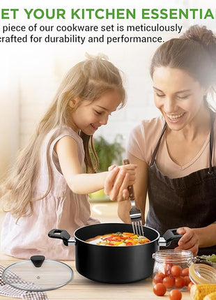 NutriChef 13-Piece Nonstick Cookware - Heat Resistant Kitchen Ware Set w/Saucepan, Frying Pans, Cooking Pots, Casserole, Lids, Ladle, Fork, Strainer - NCCWA13, Black