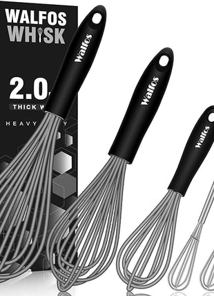 Walfos Whisk, Silicone Whisks Set of 5, Mini Stainless Steel Whisk 7in+5in and Non Scratch Coated 7+9+11in Whisks, Suitable for Blending, Whisking, Beating, Frothing & Stirring. (Grey)