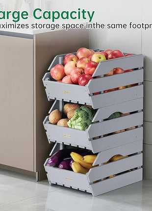 HABAU Wood Potato Onion Storage Bins - Wooden Stackable Produce Basket - Fruit Vegetable Storage for Kitchen Pantry Organization, Set 3 Pieces