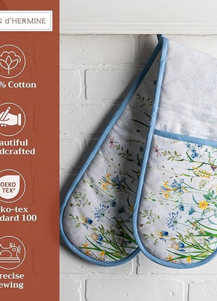 Maison d' Hermine Double Oven Mitts 100% Cotton 7"x35" Double Oven Mitt Heat Resistant BBQ Cooking Gloves with Loop, Baking, Grilling, Home, Kitchen, Handling Hot Pans Spring Summer (Fleurs De Mai)