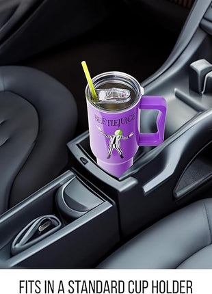 Silver Buffalo Tim Burton Beetlejuice Stainless Steel Tumbler with Handle and Straw, Fits in Standard Cup Holder, 40 Ounces